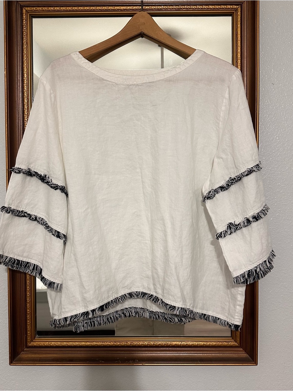 For Cynthia Linen Top Tunic White and Black Fringe 100% Linen